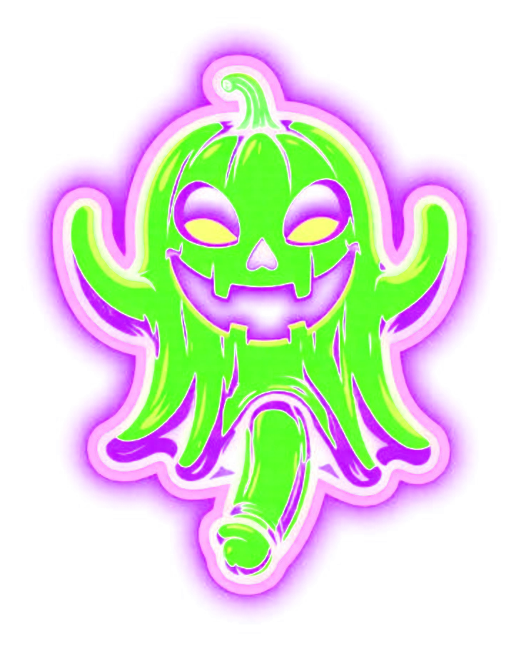 Bright-green jack-o'-lantern ghost mascot with luminous purple-pink outline and an outrageously mischievous expression